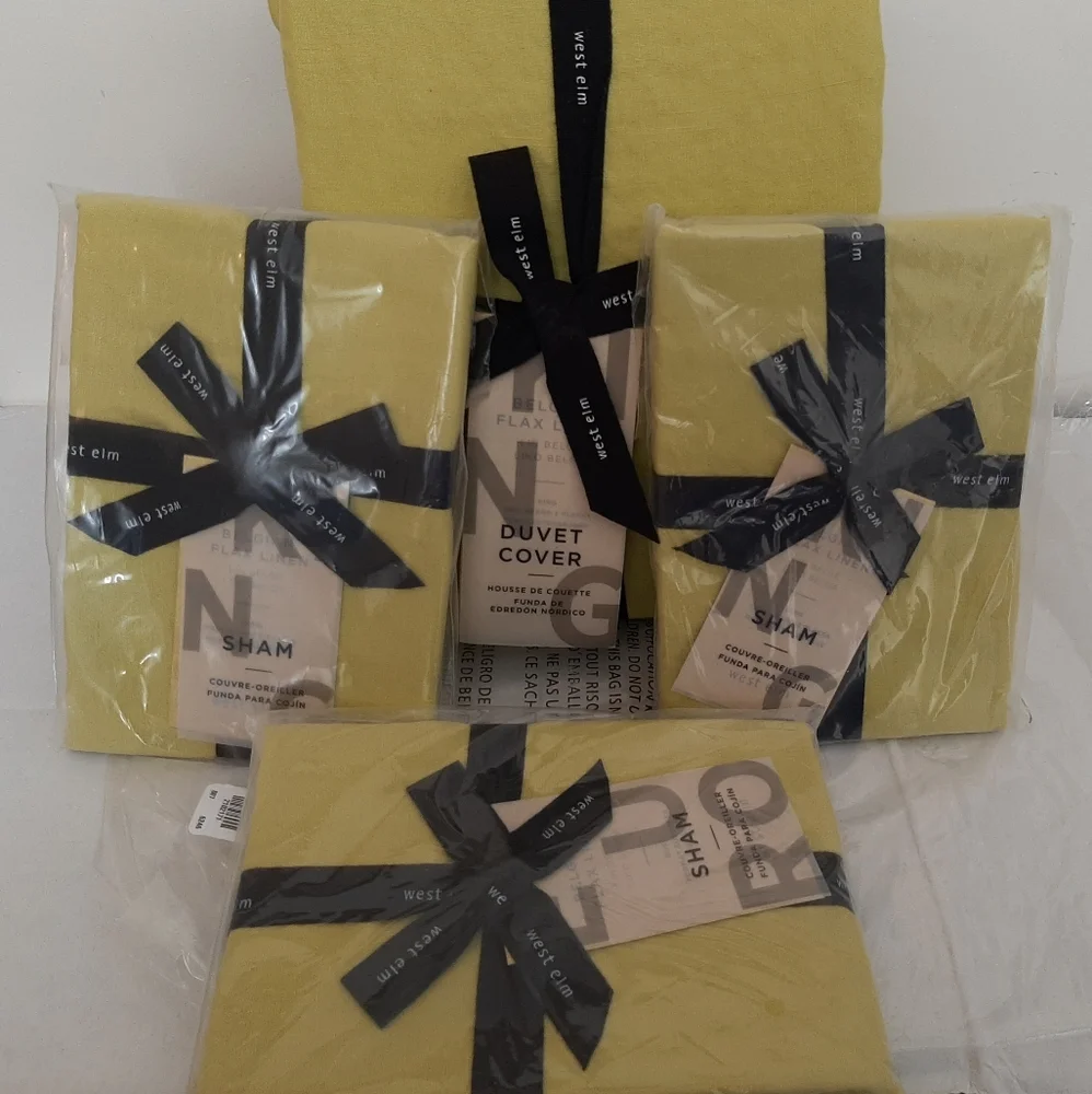 West Elm European Flax Linen RARE King Duvet Cover king shams 1 Euro sham Citrus